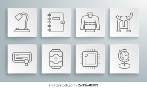 Set line Certificate template, Spiral notebook, Energy drink, Processor with CPU, Earth globe, Sweater, Viking horned helmet and Table lamp icon. Vector