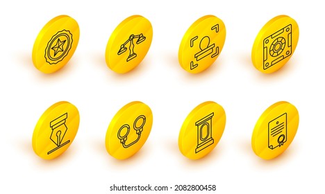 Set line Certificate Template, Stage Stand oder Debatte Podium rostrum, Handschellen, Füllfederhalter Nib, Safe, Gesichtserkennung, Skala der Justiz und Polizei Button Symbol. Vektorgrafik