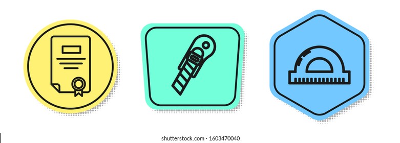 Set line Certificate template, Stationery knife and Protractor grid for measuring degrees. Colored shapes. Vector