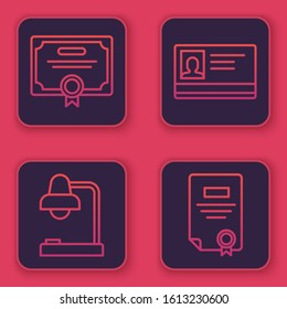 Set line Certificate template, Table lamp, Identification badge and Certificate template. Blue square button. Vector