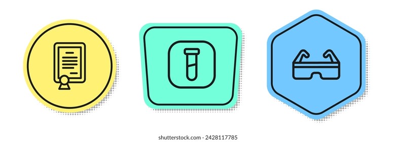 Set line Certificate template, Test tube and flask and Safety goggle glasses. Colored shapes. Vector