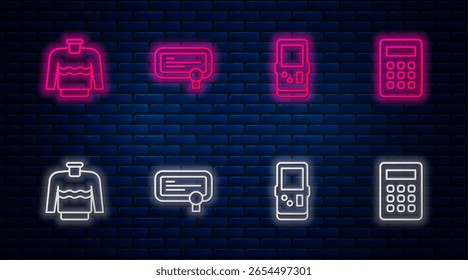 Set line Certificate template, Tetris, Sweater and Calculator. Glowing neon icon on brick wall. Vector