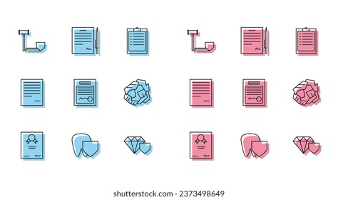 Set line Certificate template, Tooth with shield, Judge gavel, Diamond, Filled form, Crumpled paper ball, Document and Contract pen icon. Vector