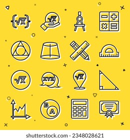 Set line Certificate template, Triangle math, Protractor, Drawing compass, Geometric figure, Square root of x glyph and Crossed ruler and pencil icon. Vector