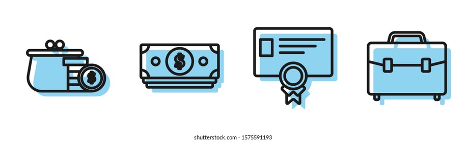 Set line Certificate template, Wallet with coins, Stacks paper money cash and Briefcase icon. Vector
