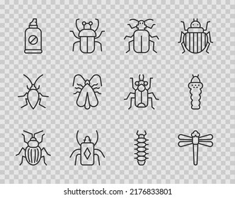 Set line Chafer beetle, Dragonfly, Beetle bug, Spray against insects, Clothes moth, Centipede and Larva icon. Vector