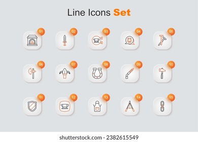 Linienverbindung, Luftbläser, Schmiedeeisen, Böse-Werkzeug, Schild, Hammer, Schweisstorch und Horseshoe-Symbol. Vektorgrafik