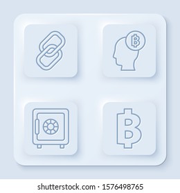 Set line Chain link, Bitcoin think, Safe and Cryptocurrency coin Bitcoin. White square button. Vector