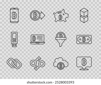 Set line Chain link, Bitcoin, Piggy bank bitcoin, Cryptocurrency key, Mining from mobile, laptop, cloud mining and  icon. Vector