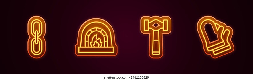 Set line Chain link, Blacksmith oven, Hammer and Protective gloves. Glowing neon icon. Vector