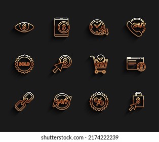 Set line Chain link, Clock 24 hours, Eye with dollar, Discount percent tag, Shoping bag and, Cursor coin, Online shopping on screen and Shopping cart check mark icon. Vector