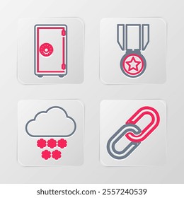Set line Chain link, Cloud with snow, Medal star and Safe icon. Vector
