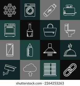 Set line Chain link, Covered with tray of food, Toilet bowl, USB flash drive, Paint brush, Oven, Snowflake and Handbag icon. Vector