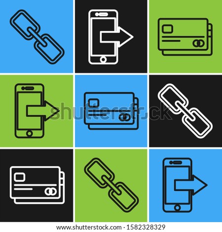 Set line Chain link, Credit card and Smartphone, mobile phone icon. Vector