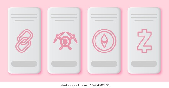 Set line Chain link, Crossed pickaxe, Cryptocurrency coin Ethereum ETH and Cryptocurrency coin Zcash ZEC. White rectangle button. Vector