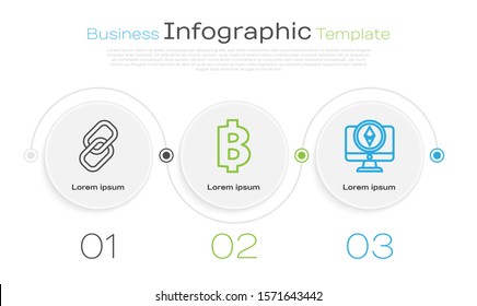 Set line Chain link, Cryptocurrency coin Bitcoin and Monitor and Cryptocurrency coin Ethereum ETH. Business infographic template. Vector