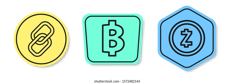 Set line Chain link, Cryptocurrency coin Bitcoin and Cryptocurrency coin Zcash ZEC. Colored shapes. Vector