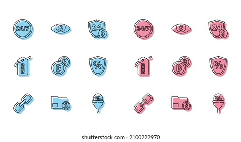 Set line Chain link, Envelope with coin dollar, Clock 24 hours, Lead management, Cryptocurrency Bitcoin, Loan percent, Price tag New and Eye icon. Vector