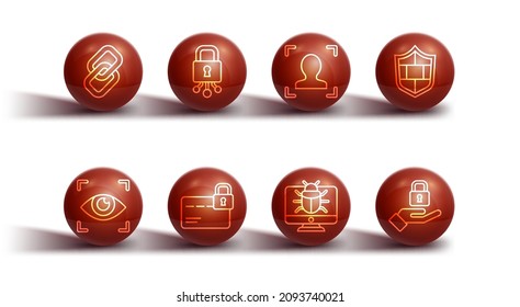 Set line Chain link, Eye scan, Shield with brick wall, System bug on monitor, Credit card lock, Cyber security, Lock hand and Face recognition icon. Vector