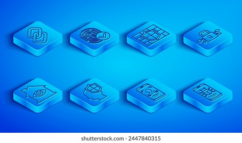 Set line Chain link, Fingerprint, Shield with brick wall, Head shield, Mobile and face recognition, Cyber security, House eye scan and System bug mobile icon. Vector