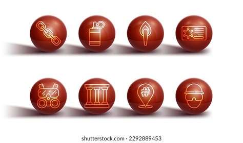 Set line Chain link, Gas mask, Police badge, Protest, Prison window, Hand grenade, Special forces soldier and Torch flame icon. Vector