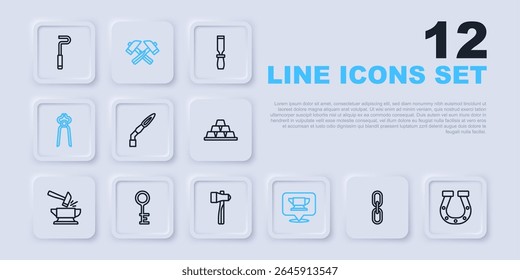 Set line Chain link, Horseshoe, Welding torch, Blacksmith anvil tool, pliers, Old key, Crossed hammer and Hammer icon. Vector