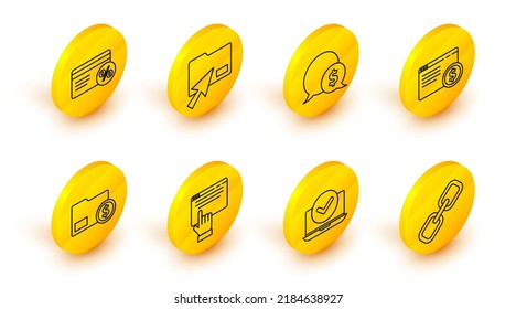 Establecer enlace de cadena de línea, portátil, compras en línea en pantalla, sobre con dólar de moneda, burbuja de voz, cursor hacer clic en carpeta de documento e icono Porcentaje de tarjeta de descuento. Vector