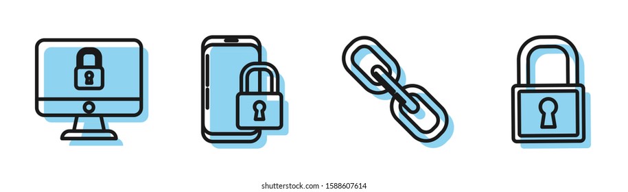 Set line Chain link , Lock on computer monitor screen, Smartphone with closed padlock  and Lock  icon. Vector