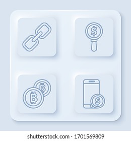 Establecer enlace de cadena de línea, Magnificación de vidrio y dólar, moneda de criptografía Bitcoin y Smartphone con dólar. Botón cuadrado blanco. Vector