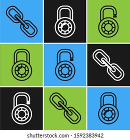Set line Chain link , Safe combination lock wheel  and Safe combination lock wheel  icon. Vector