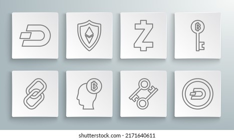 Set line Chain link, Shield Ethereum ETH, Bitcoin think, Cryptocurrency key, Dash, Zcash ZEC,  and  icon. Vector