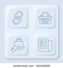 Set line Chain link, Shopping basket, Hand and paper shopping bag and Financial news. White square button. Vector