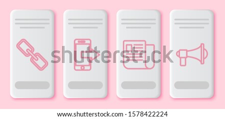 Set line Chain link, Smartphone, mobile phone, File document and Megaphone. White rectangle button. Vector