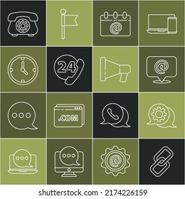 Establecer enlace de cadena de línea, chat de burbuja de voz, correo electrónico y correo electrónico, calendario con correo electrónico, soporte telefónico las 24 horas, reloj y icono Megáfono. Vector