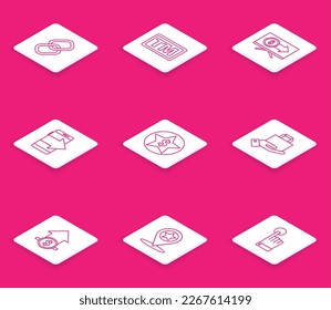 Set Line Chain Link, Warenzeichen, Monitor mit Dollar, Smartphone, Handy, Star und, Hand Papier-Einkaufstasche, Finanzwachstum Münze und Karte Zeiger Sterne Symbol. Vektorgrafik