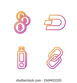 Set line Chain link, USB flash drive, Cryptocurrency coin Bitcoin and Cryptocurrency coin Dash. Gradient color icons. Vector