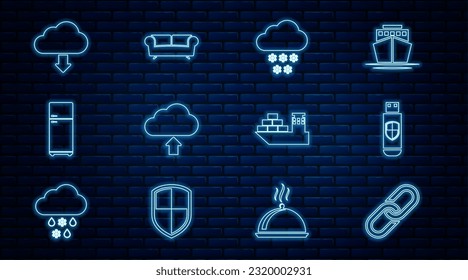 Set line Chain link, USB flash drive and shield, Cloud with snow, upload, Refrigerator, download, Cargo ship and Sofa icon. Vector