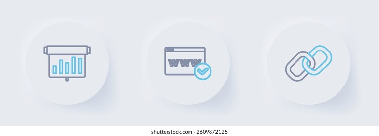 Set line Chain link, Website template and Board with graph chart icon. Vector