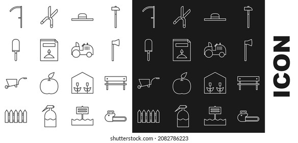 Set line Chainsaw, Bench, Wooden axe, Worker hat, A pack full of seeds of specific plant, Garden trowel spade shovel, Scythe and Tractor icon. Vector