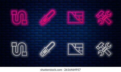 Set line Chainsaw, Bricks, Industry pipe and Hammer and wrench. Glowing neon icon on brick wall. Vector