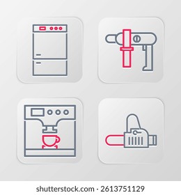 Set line Chainsaw, Coffee machine and cup, Electric drill and Refrigerator icon. Vector