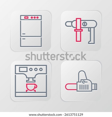 Set line Chainsaw, Coffee machine and cup, Electric drill and Refrigerator icon. Vector