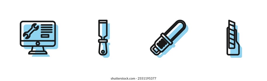 Set line Chainsaw, Computer monitor service, Rasp metal file and Stationery knife icon. Vector