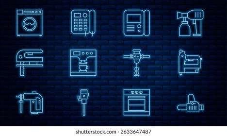 Set line Chainsaw, Electric construction stapler, House intercom system, Coffee machine and cup, jigsaw, Washer, Construction jackhammer and Telephone icon. Vector