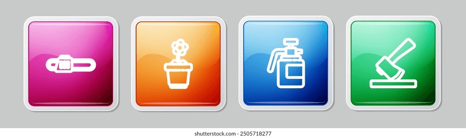 Set line Chainsaw, Flower pot, Garden sprayer for fertilizer and Wooden axe. Colorful square button. Vector