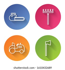 Set line Chainsaw, Garden rake, Tractor and Wooden axe. Color circle button. Vector