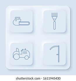 Set line Chainsaw, Garden rake, Tractor and Scythe. White square button. Vector