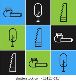 Set line Chainsaw, Garden saw and Tree icon. Vector