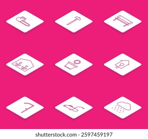Set line Chainsaw, Hammer, Bench, Home greenhouse and plants, Flower pot, Retro wall watch, Scythe and Lawn mower icon. Vector