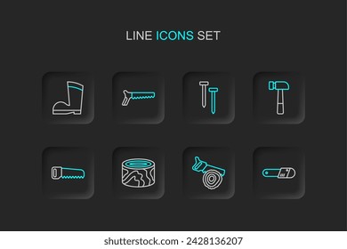Set line Chainsaw, Hand and log, Wooden logs, Hammer, Metallic nails,  and Waterproof rubber boot icon. Vector
